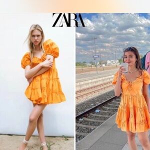 ZARA Orange Eyelet Puff-Sleeve Mini Dress